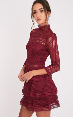 CAYA BERRY LACE PANEL TIERED MINI DRESS