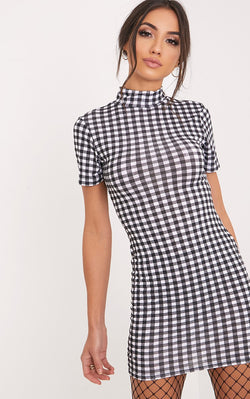 TALLISHA GINGHAM BLACK HIGH NECK BODYCON DRESS